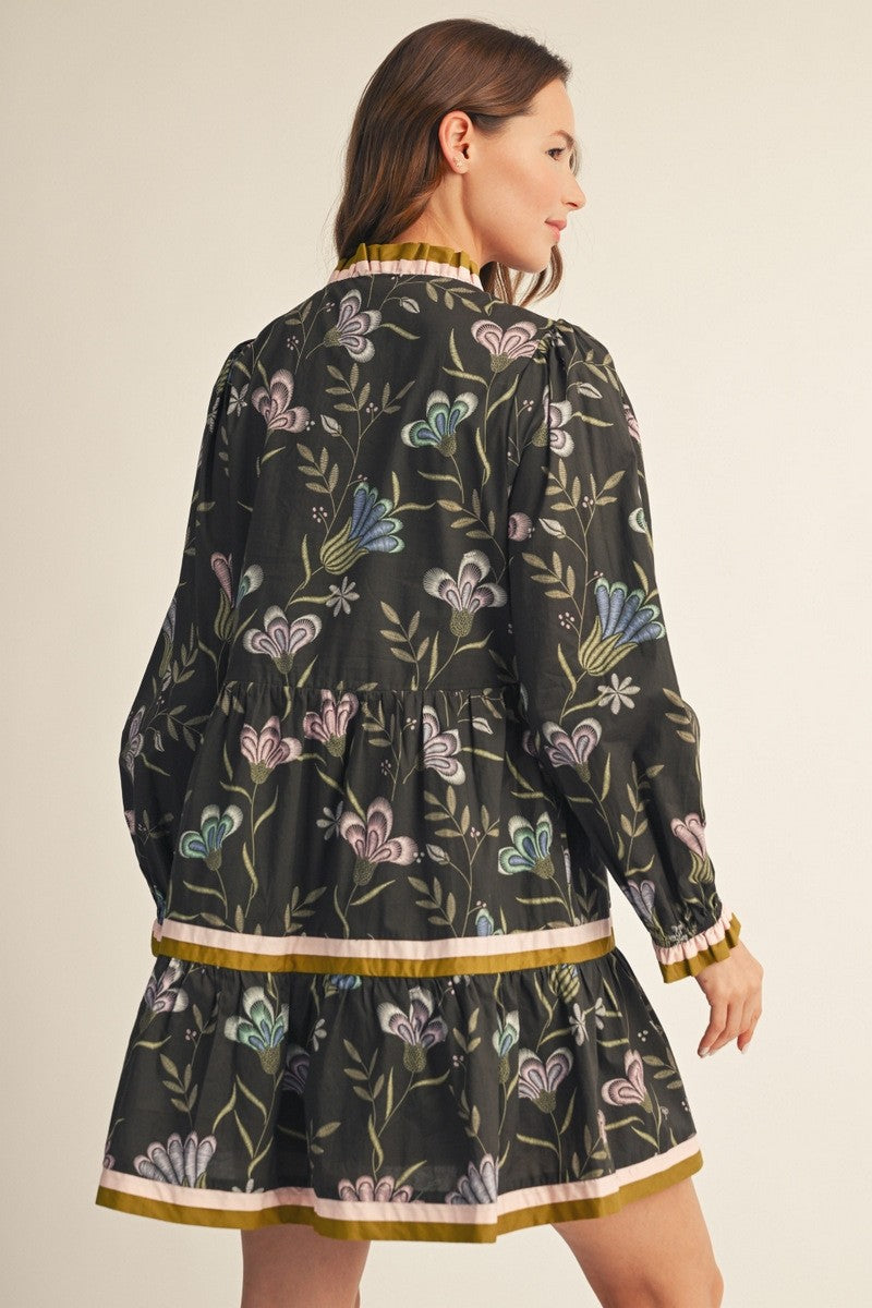 Color Contrast Detail Floral Tiered Dress