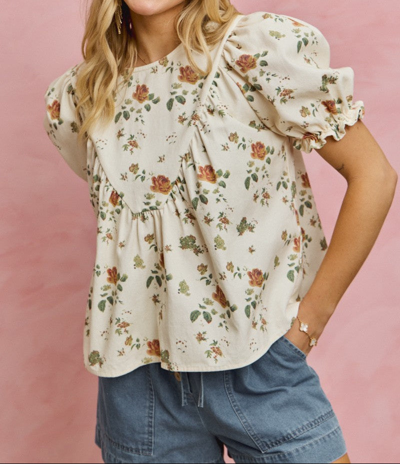 Floral Rose Print Denim Short Sleeves Top