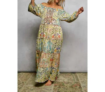 Long Sleeve Shirred Neckline Maxi Dress