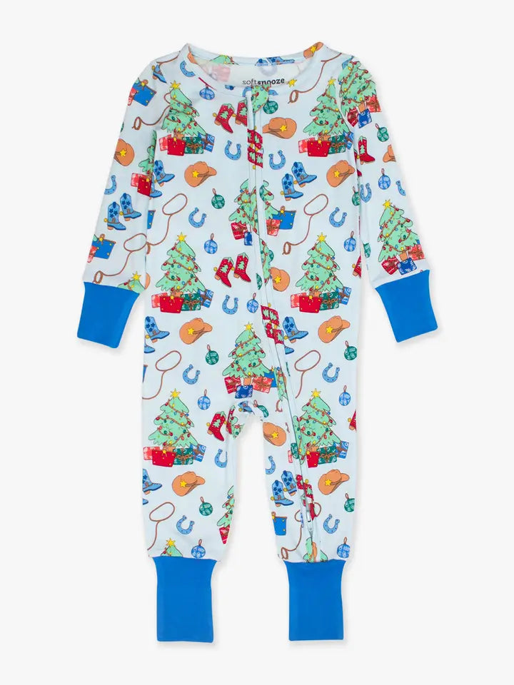 Softsnooze™ Baby Bamboo Viscose Blue Yuletide Yeehaw Convertible One Piece Footie Pajama - Brazos Avenue Market 