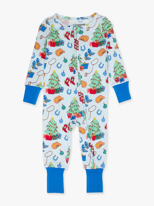 Softsnooze™ Baby Bamboo Viscose Blue Yuletide Yeehaw Convertible One Piece Footie Pajama - Brazos Avenue Market 