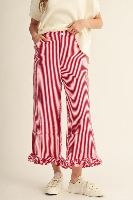 Ruffle Hem Accent Stripe Casual Pants