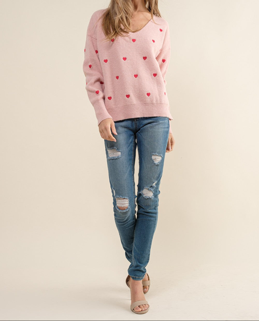 Heart Pattern Boxy Knit Pullover Sweater