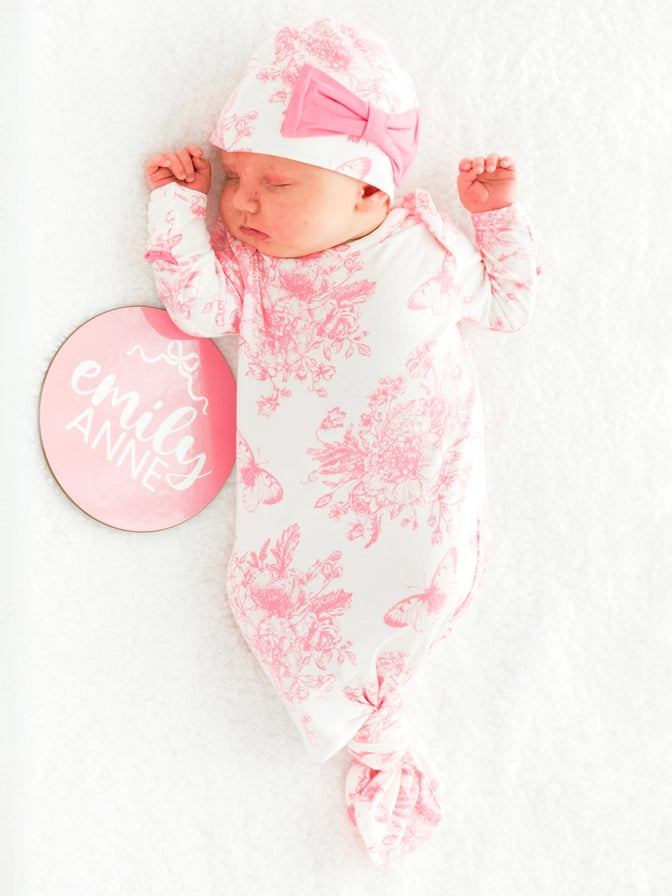 Softsnooze™ Baby Girls Bamboo Viscose Pink Butterfly Garden Toile Ruffle Knotted Sleep Gown & Bow Hat Set - Brazos Avenue Market 