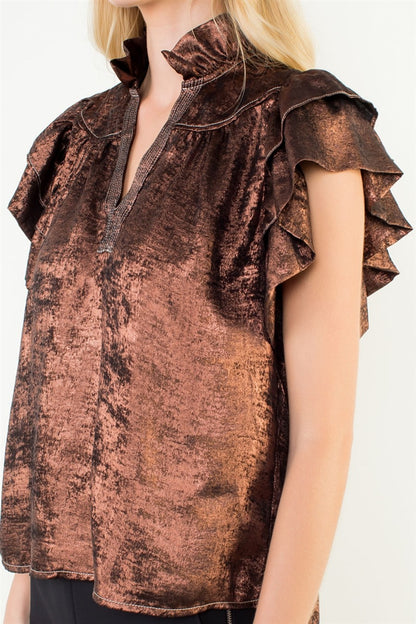 Flutter Sleeve Shimmery V-neck Top - Brazos Avenue Market 