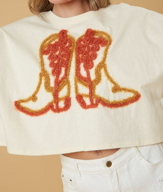 Oversized Embroidered Boots Tee - Brazos Avenue Market 