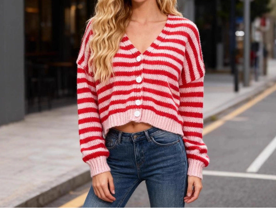 Striped V-Neck Contrast Trim Cardigan - Brazos Avenue Market 