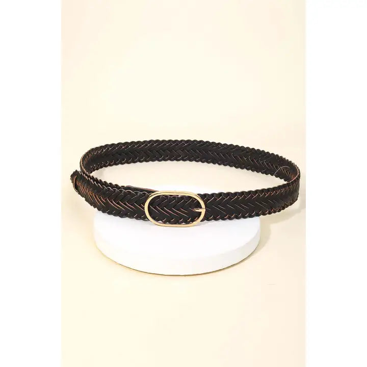 Braided Faux Leather Oval Buckle Belt - Brazos Avenue Market 