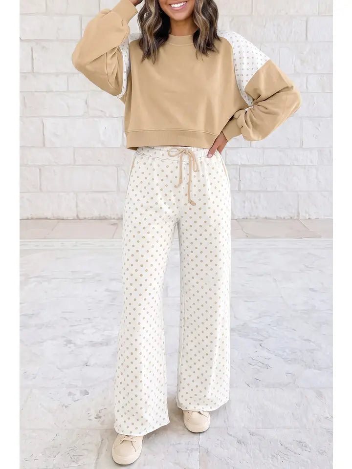 Polka Dot Patchwork Long Sleeve Casual Two Piece Set