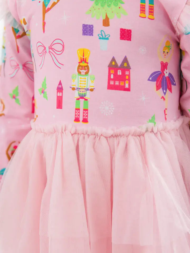 Girls Sugarplum Dreams Flutter Tulle Long Sleeve Twirl Dress - Brazos Avenue Market 