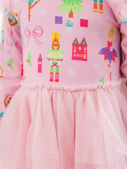 Girls Sugarplum Dreams Flutter Tulle Long Sleeve Twirl Dress - Brazos Avenue Market 