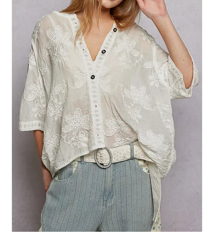 Short Sleeve Border Floral Embroidery Crochet Top (OS)