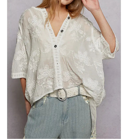 Short Sleeve Border Floral Embroidery Crochet Top (OS)