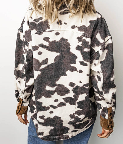Western Cow Print Long Sleeve Button-Up Denim Jacket