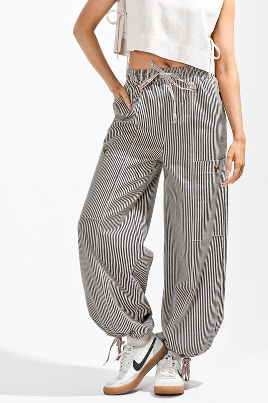 Elastic Waist Vintage Washed Stripe Pants - Brazos Avenue Market 