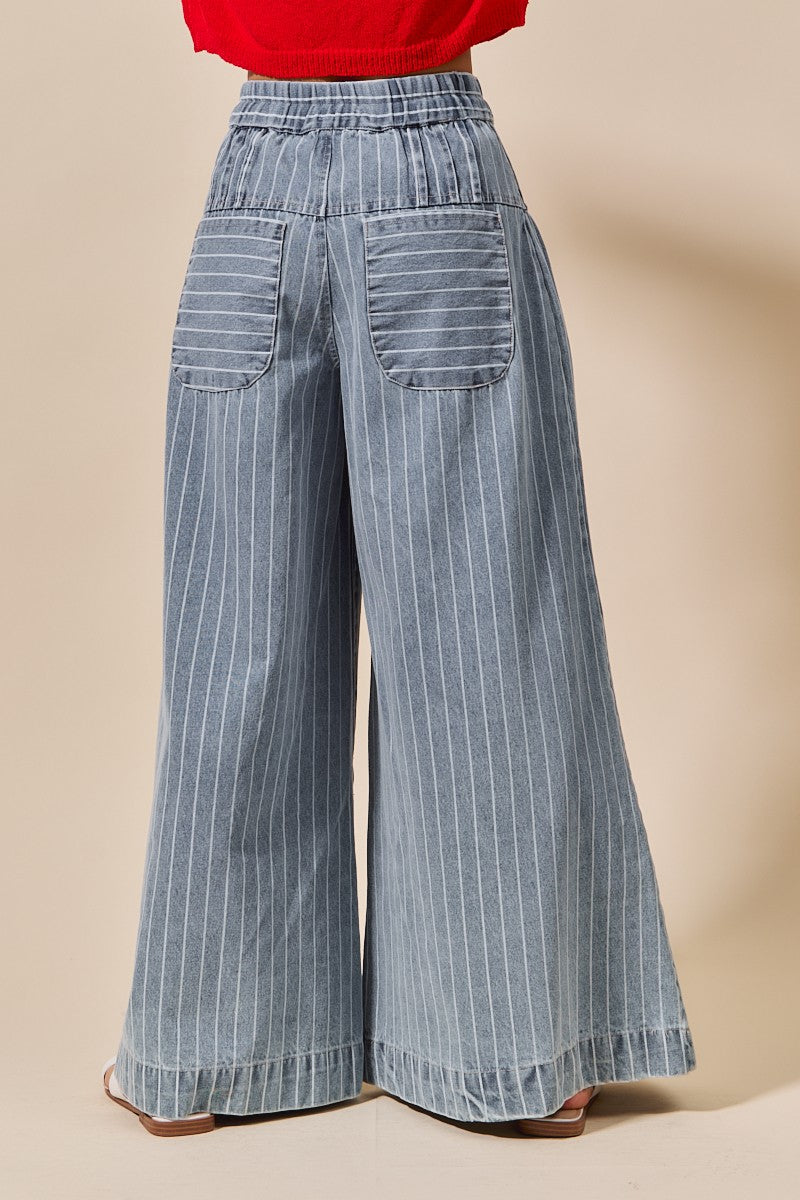 Stripe Denim Wide Leg Jeans With Button Closure - Brazos Avenue Market 