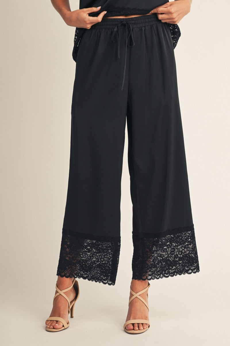Lace Hem Detail Solid Satin Pants