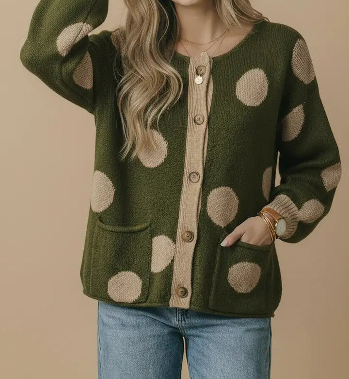 Button Down Polka Dot Jacquard Cardigan