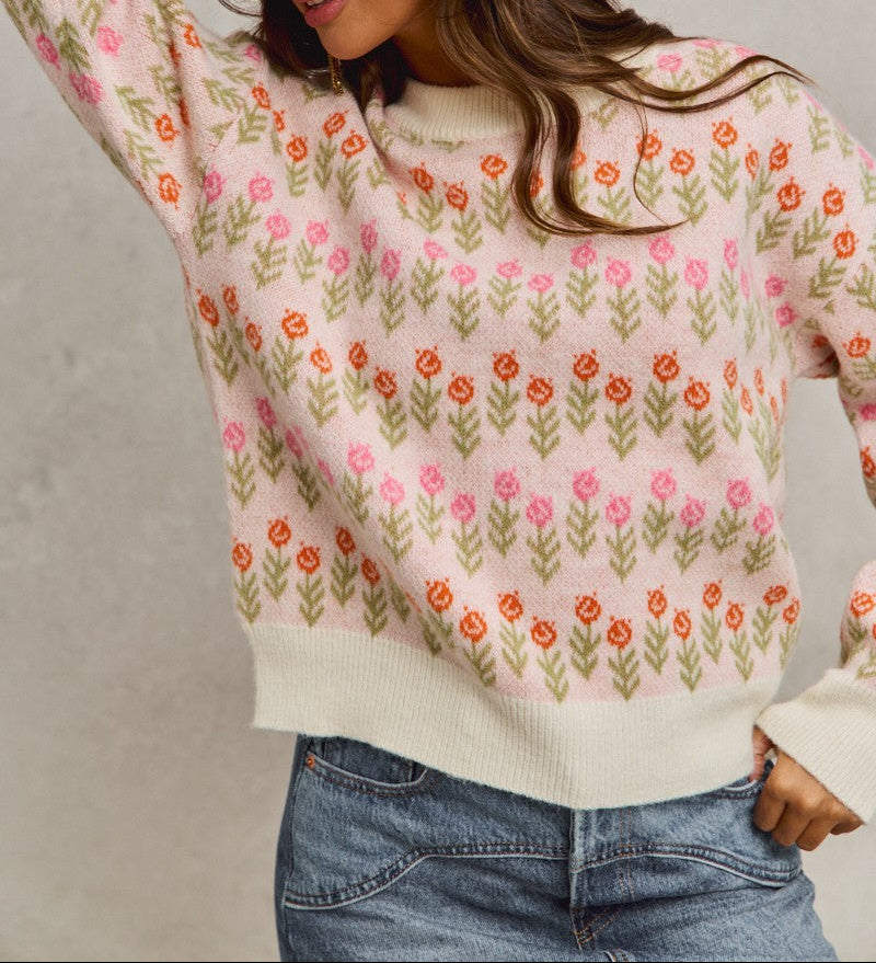 Flower Patterned Loose Fit Pullover Sweater Top