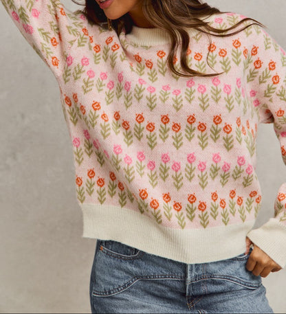 Flower Patterned Loose Fit Pullover Sweater Top