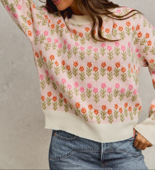 Flower Patterned Loose Fit Pullover Sweater Top