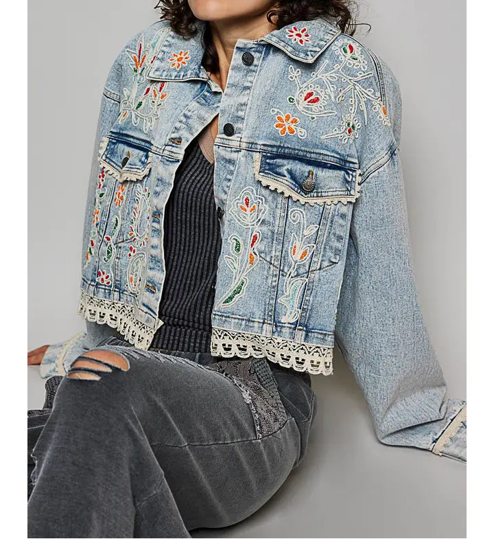 Floral Embroidery Lace Trim Denim Jacket