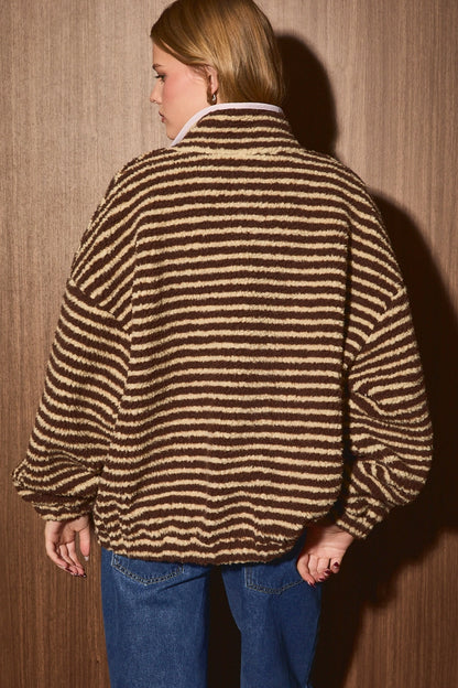 Striped Contrast Pocket Oversized Fleece Jacket - Brazos Avenue Market 