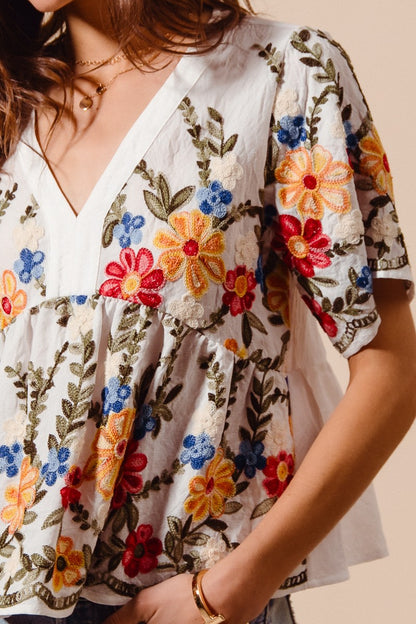 Floral Embroidered Baby Doll Blouse Top