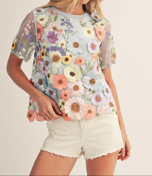 3d Floral Applique Sheer Mesh Layered Top
