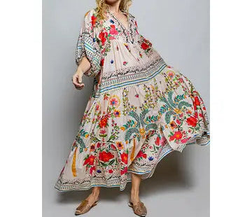Boho Deep V-Neck Floral Balloon Sleeve Maxi Dress