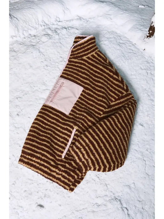 Striped Contrast Pocket Oversized Fleece Jacket - Brazos Avenue Market 