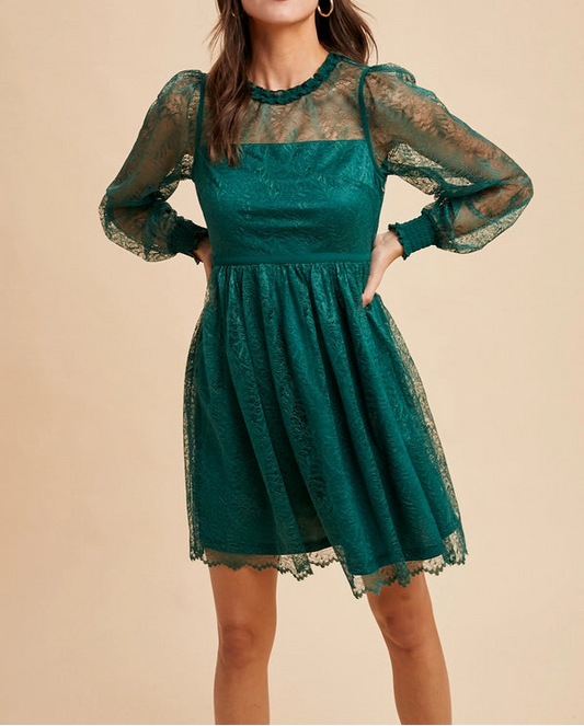 Ruffled Neck Mini Lace Dress