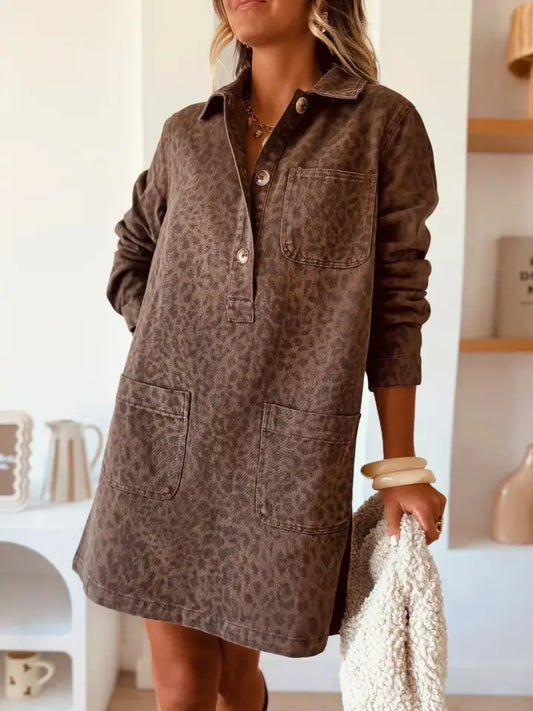Vintage Collared Leopard Print Long-Sleeve Loose Denim Dress