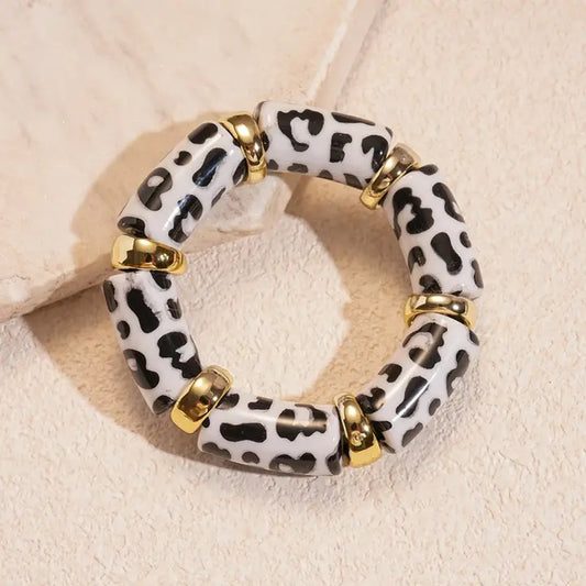 Acrylic Leopard Animal Gold Stretch Cord Bracelet