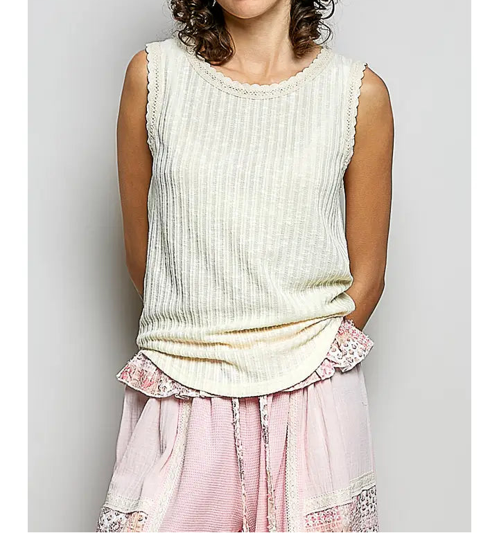 Round Neck Sleeveless Trim Neck Solid Textured Rib Knit Top - Brazos Avenue Market 