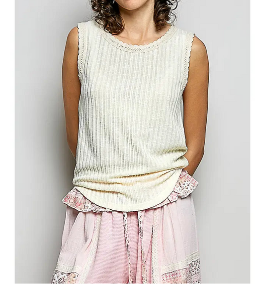 Round Neck Sleeveless Trim Neck Solid Textured Rib Knit Top - Brazos Avenue Market 