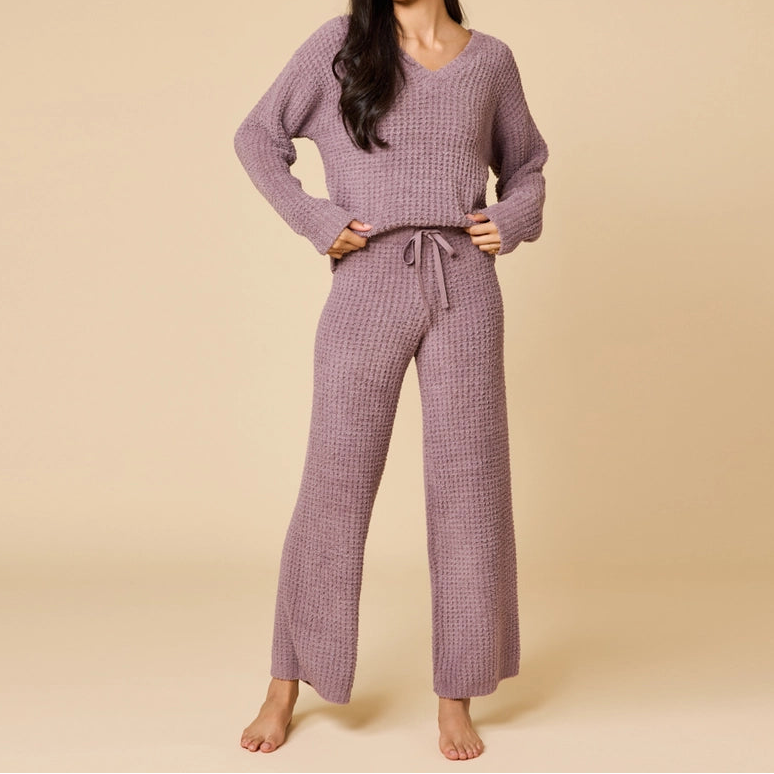 Marshmallow Waffle V-Neck Lounge Set - Brazos Avenue Market 