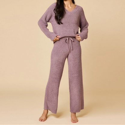 Marshmallow Waffle V-Neck Lounge Set - Brazos Avenue Market 