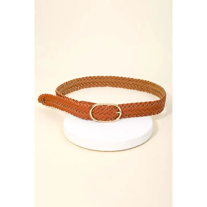 Braided Faux Leather Oval Buckle Belt - Brazos Avenue Market 