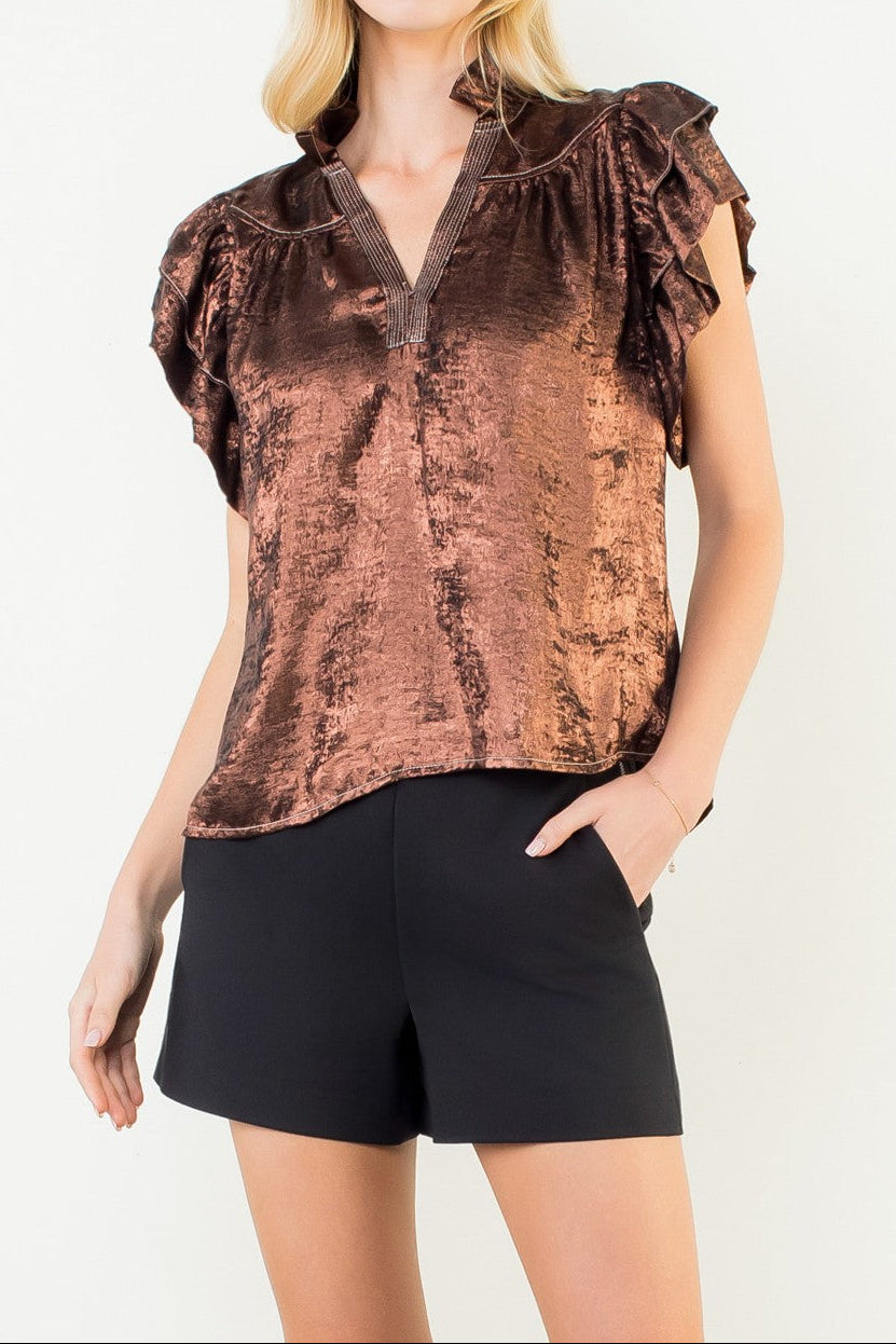 Flutter Sleeve Shimmery V-neck Top - Brazos Avenue Market 