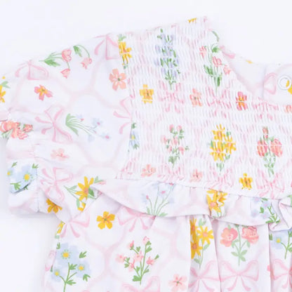 Spring Blooms Bow Trellis - Smocked Ruffle Bubble with Skirt - Brazos Avenue Market 