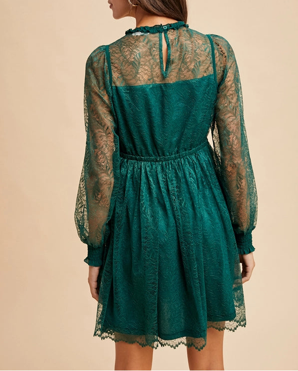 Ruffled Neck Mini Lace Dress