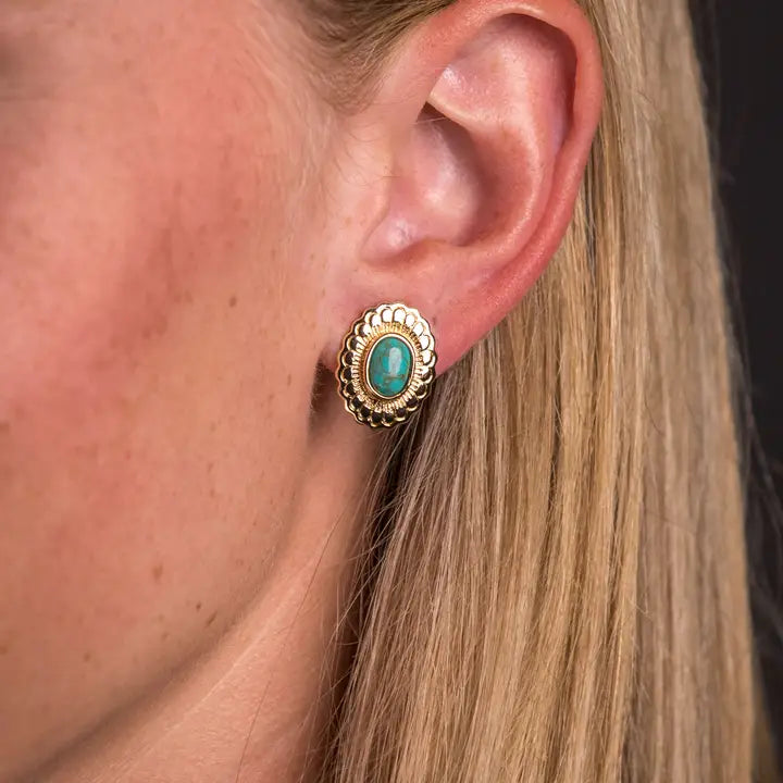 Gold Floral Concho Stud Earrings with Turquoise - Brazos Avenue Market 