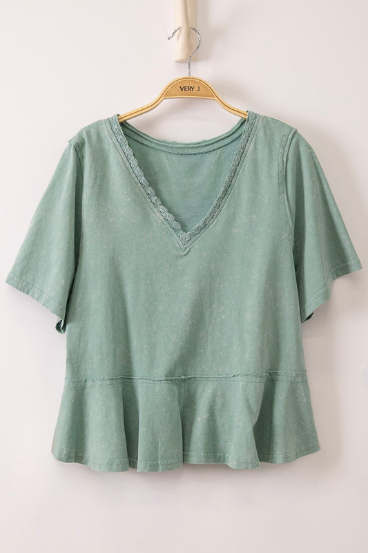 Lace Trim Detail Mineral Washed V-neck Knit Top - Brazos Avenue Market 