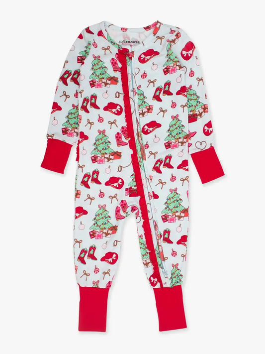 Softsnooze™ Baby Girls Bamboo Viscose Red Yuletide Yeehaw Convertible Ruffle One Piece Footie Pajama - Brazos Avenue Market 