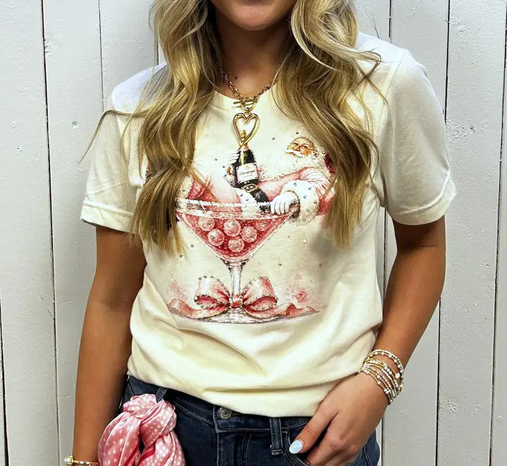 Pink Champagne Santa Rhinestone Graphic Christmas Tee
