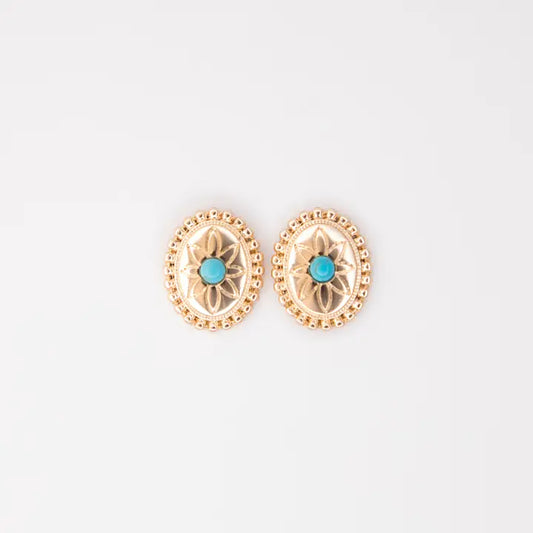 .75" Oval Flower Concho Post Earring w/ Turquoise Accent