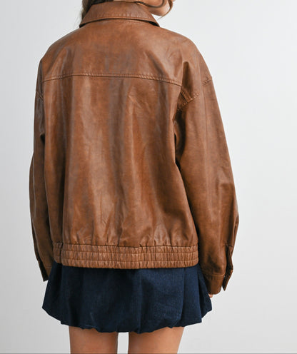 Collared Zip-front Leather Jacket