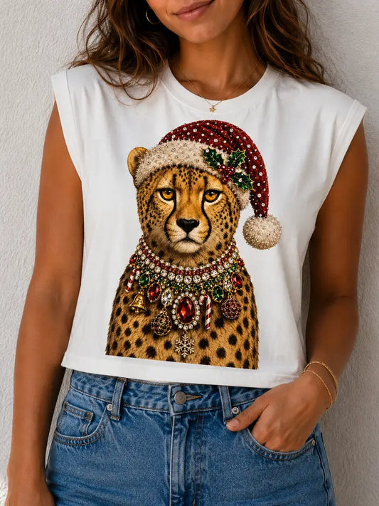 Jeweled Collar Leopard Santa Muscle Tee