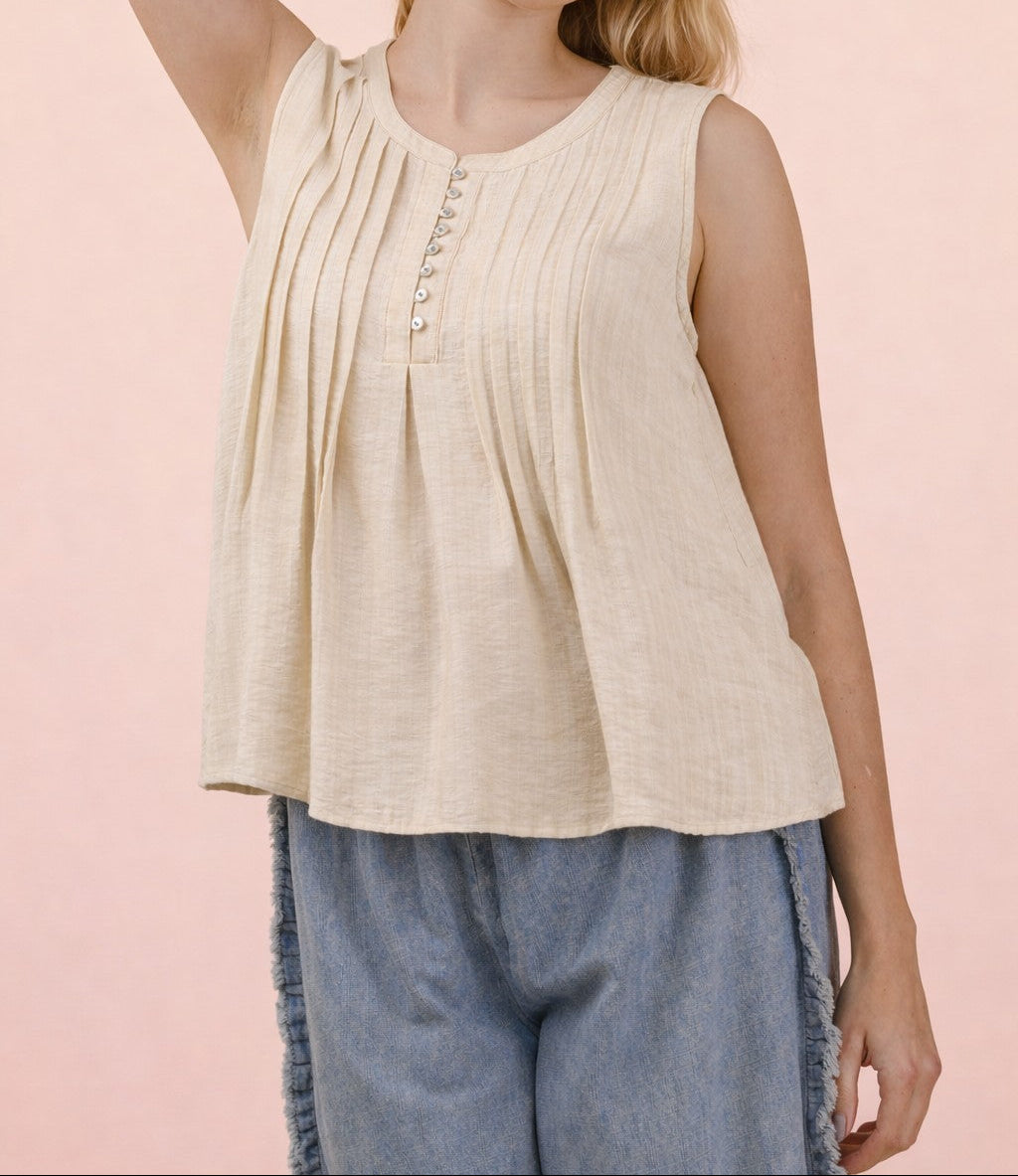 Half Button Down Pintuck Sleeveless Woven Top - Brazos Avenue Market 